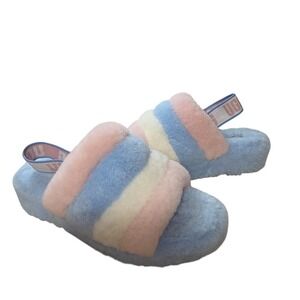 UGG Fluff Yeah Slide Slippers Women 6 Multicolor Striped Fuzzy Shearling Cozy